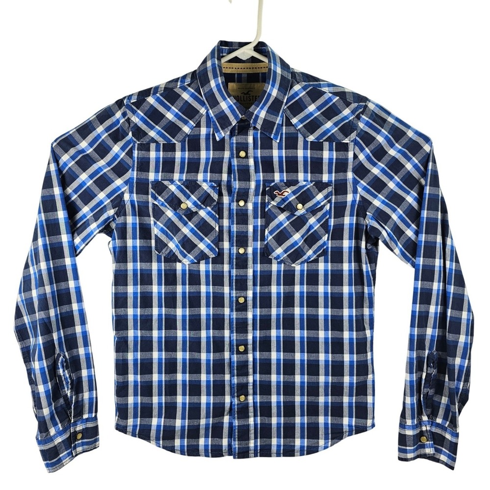 Hollister California Button Up Shirt Mens Small Blue Plaid Western Pearl Snap